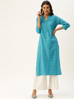 Turquoise Blue  Off-White Checked Straight Kurta