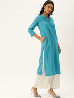 Turquoise Blue  Off-White Checked Straight Kurta