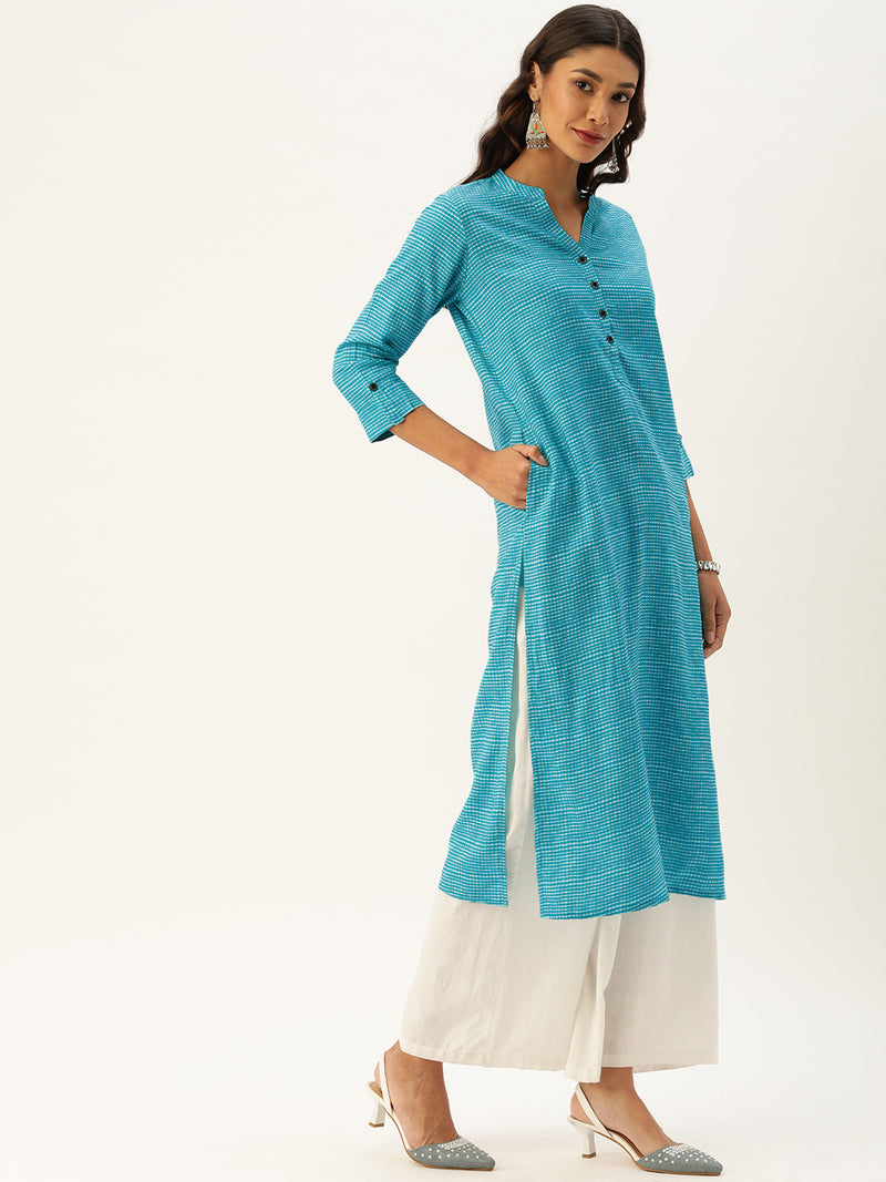 Turquoise Blue  Off-White Checked Straight Kurta