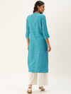 Turquoise Blue  Off-White Checked Straight Kurta