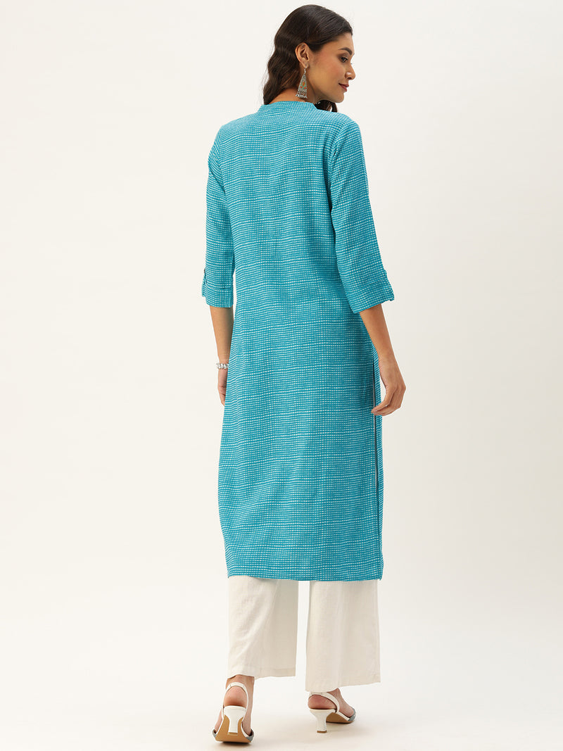 Turquoise Blue  Off-White Checked Straight Kurta