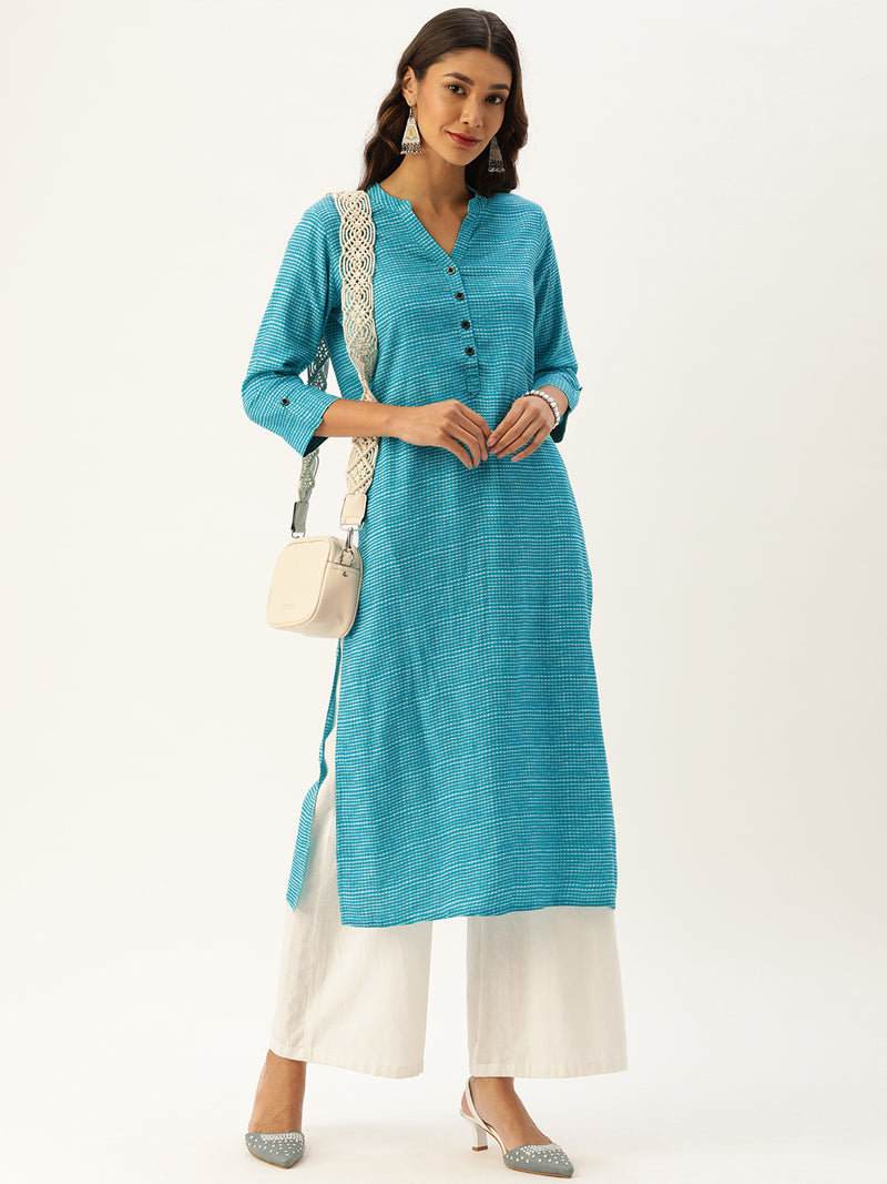 Turquoise Blue  Off-White Checked Straight Kurta