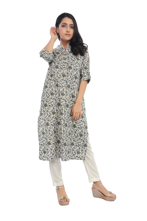 Off-White  Grey Floral Printed Straight Kurta