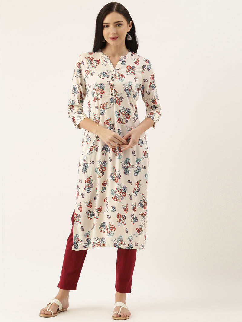 White  Blue Paisley Printed Straight Cut  Kurta