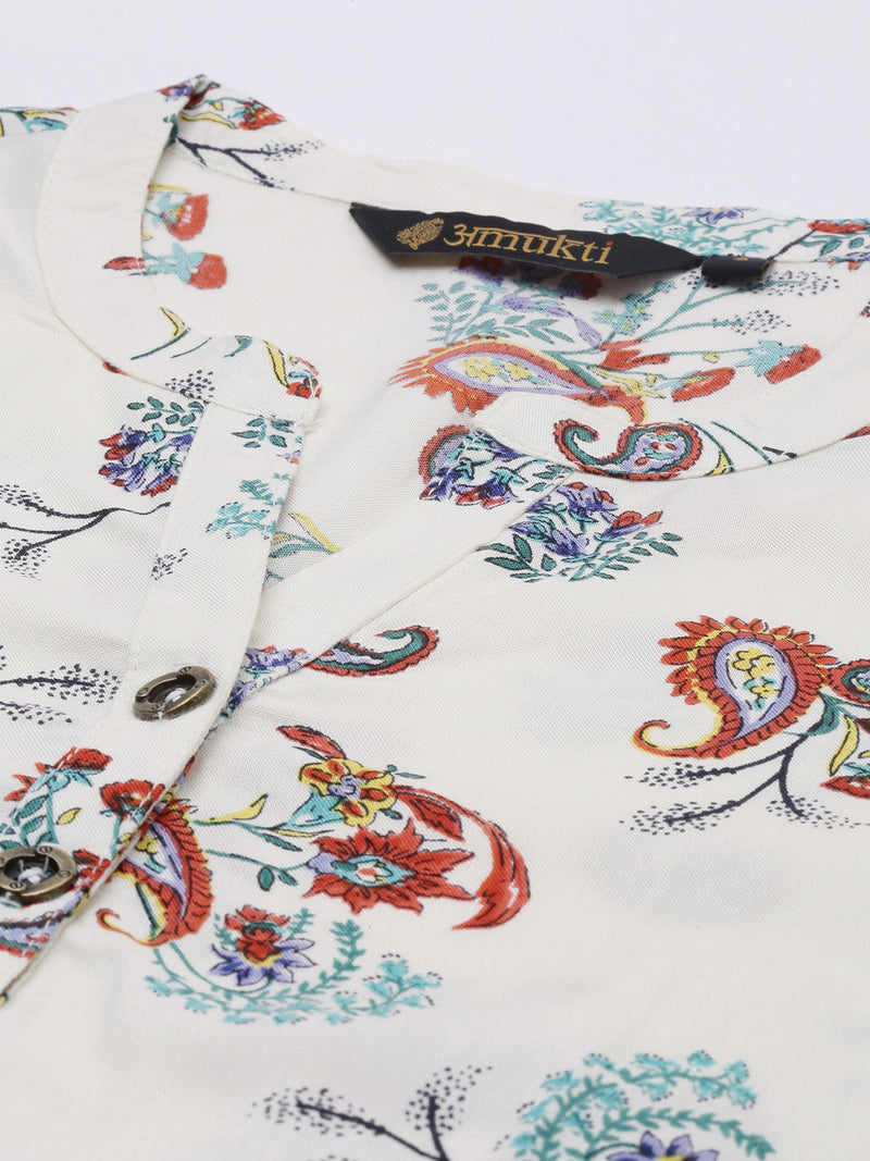 White  Blue Paisley Printed Straight Cut  Kurta