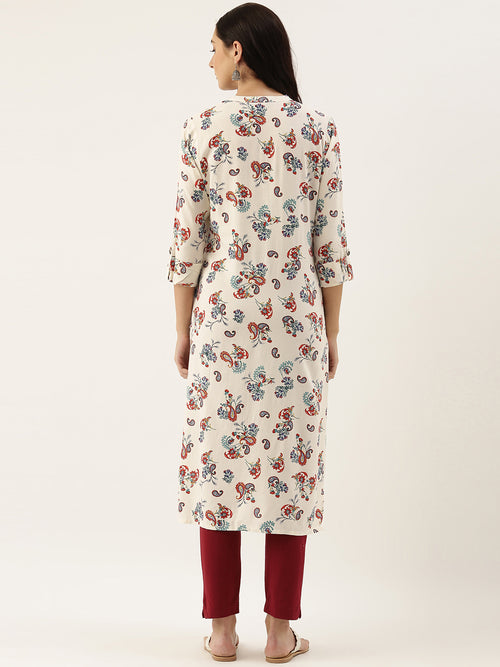 White  Blue Paisley Printed Straight Cut  Kurta