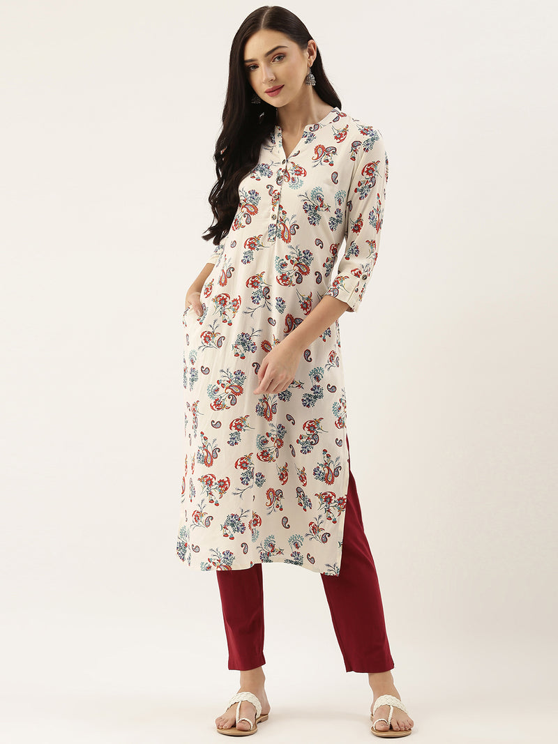 White  Blue Paisley Printed Straight Cut  Kurta