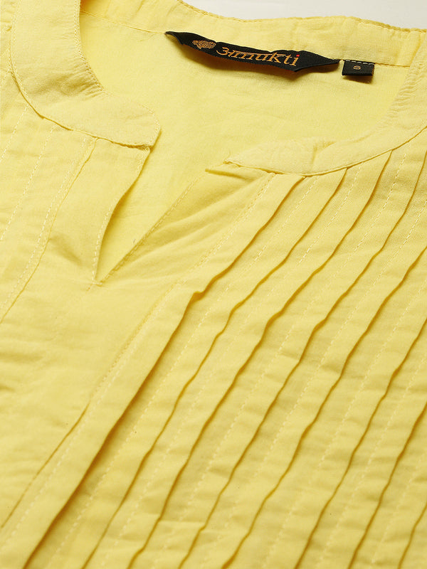 Yellow Solid Pintuck Detail Straight Cut  Kurta