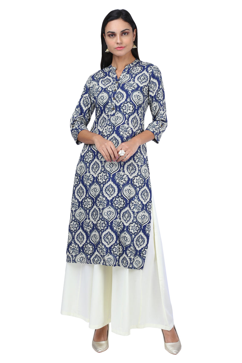 Navy Blue  Off-White Printed Straight Kurta