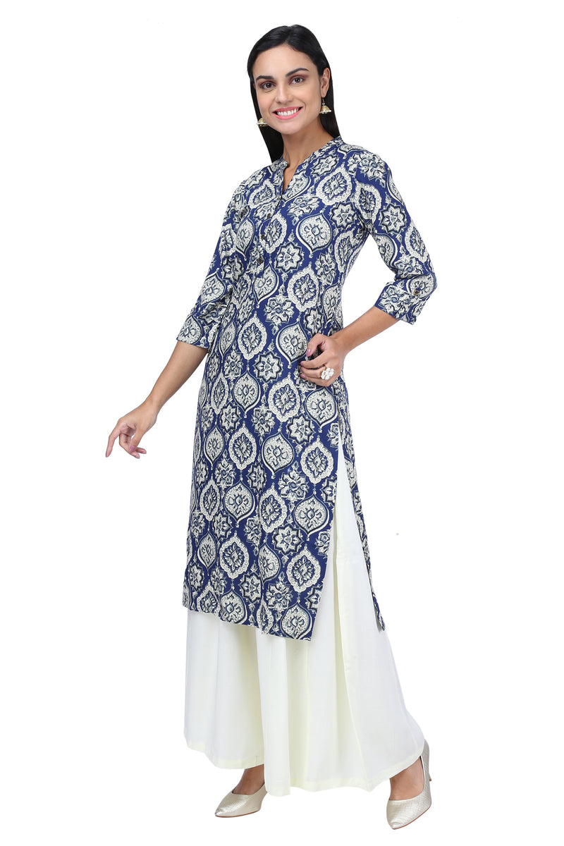 Navy Blue  Off-White Printed Straight Kurta