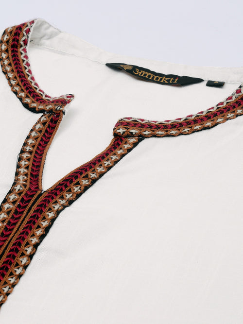 Off White  Red Embroidered Kurta