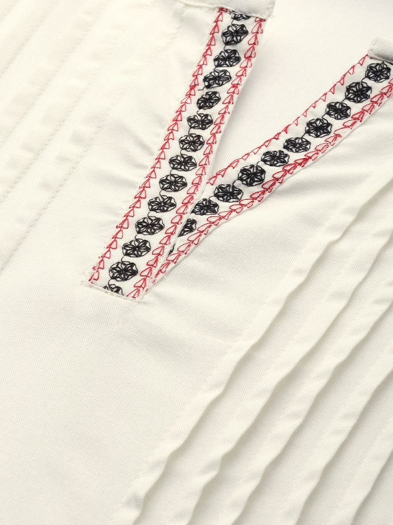 Off-White  Black Embroidered Pleated A-Line Kurta