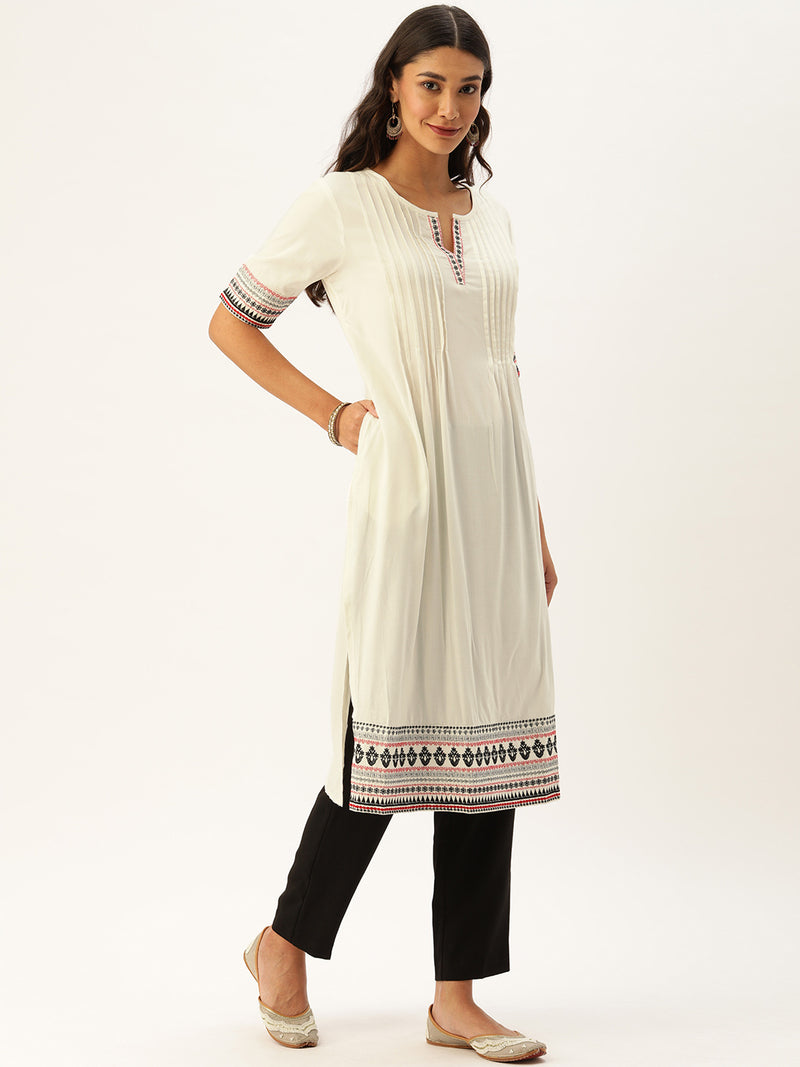 Off-White  Black Embroidered Pleated A-Line Kurta