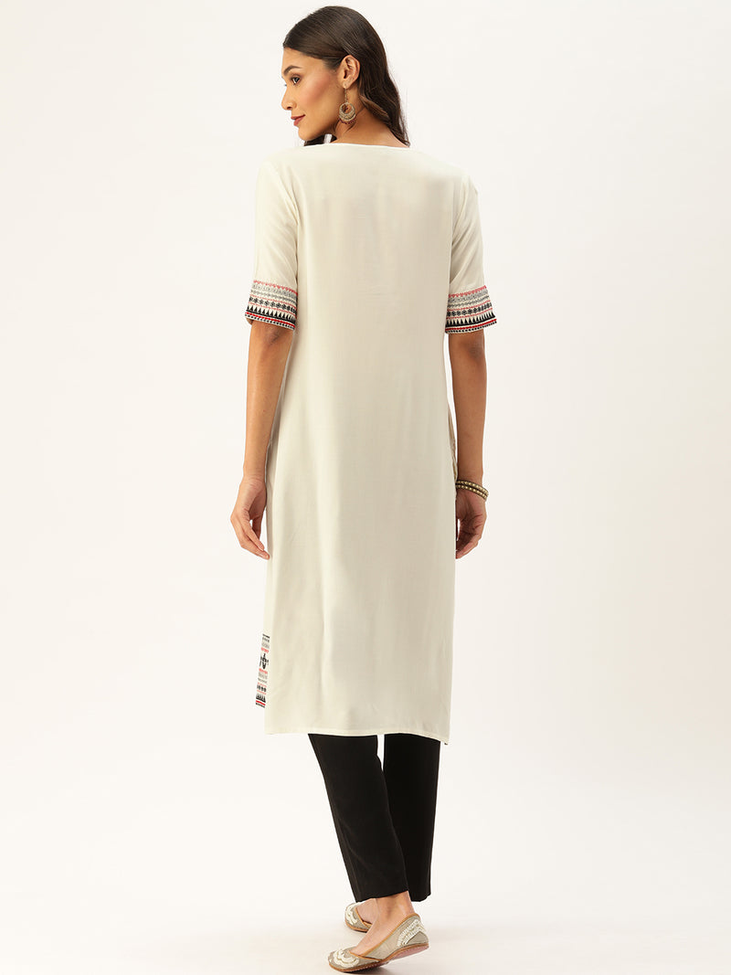 Off-White  Black Embroidered Pleated A-Line Kurta