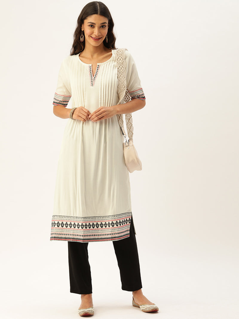 Off-White  Black Embroidered Pleated A-Line Kurta
