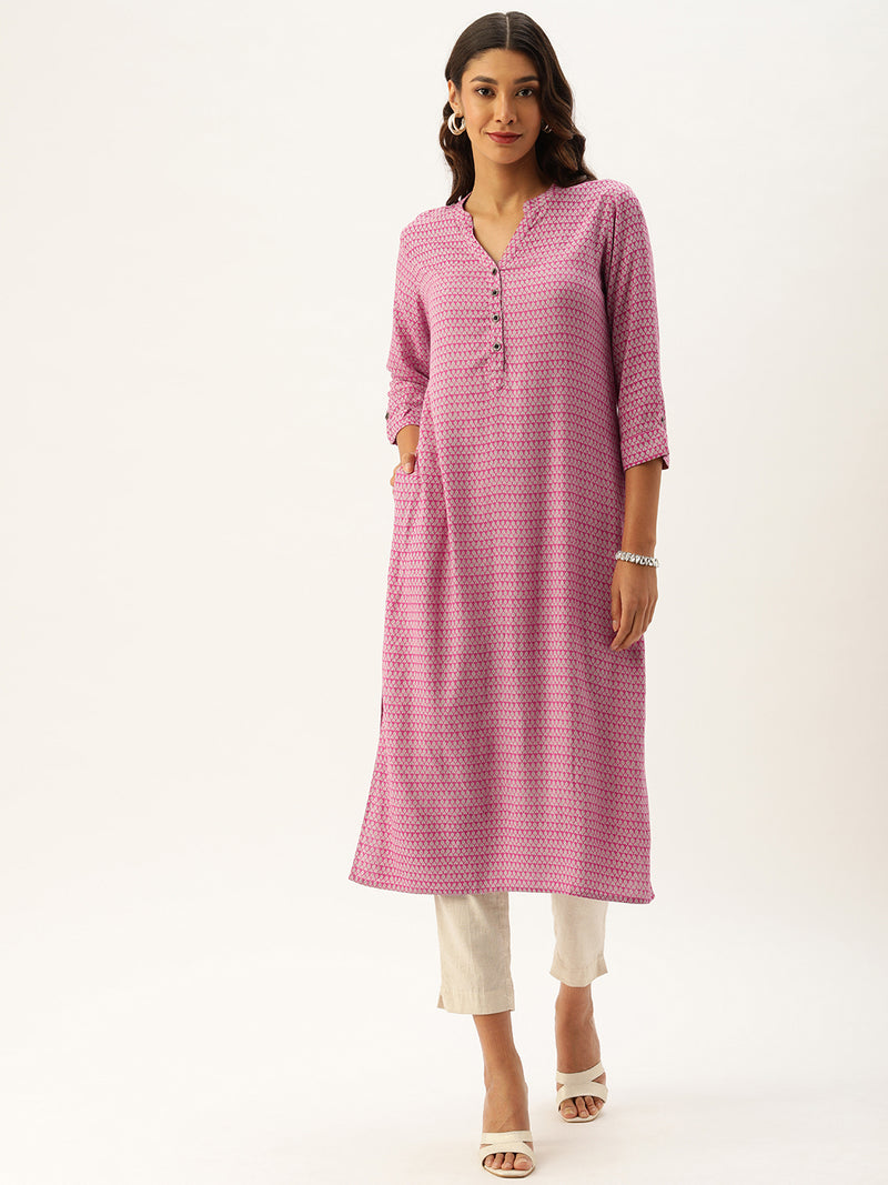 Pink  Off-White Printed Straight Cut Kurta