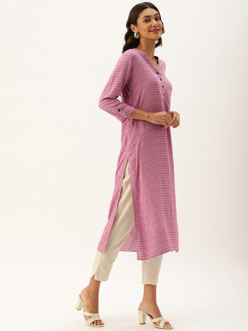 Pink  Off-White Printed Straight Cut Kurta