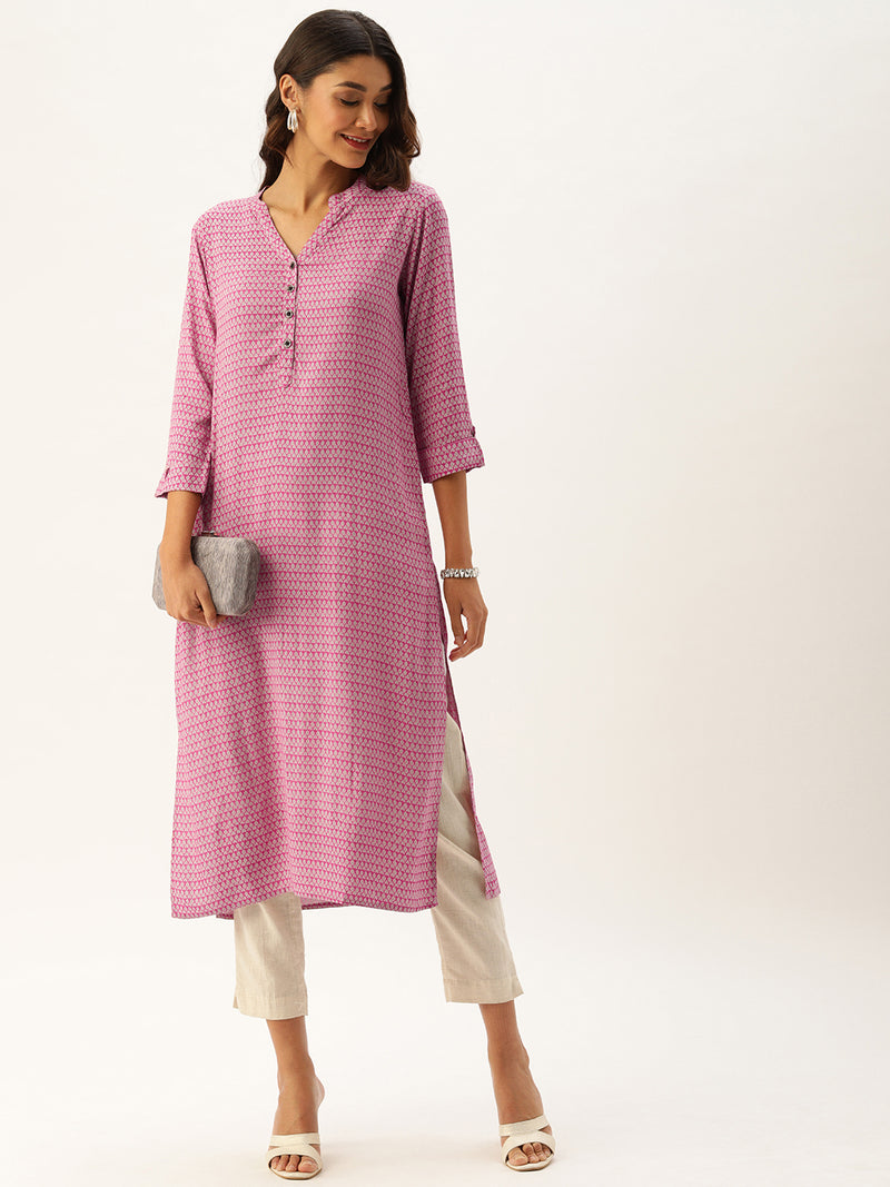 Pink  Off-White Printed Straight Cut Kurta