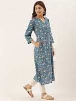 Turquoise Blue Printed A-Line Kurta