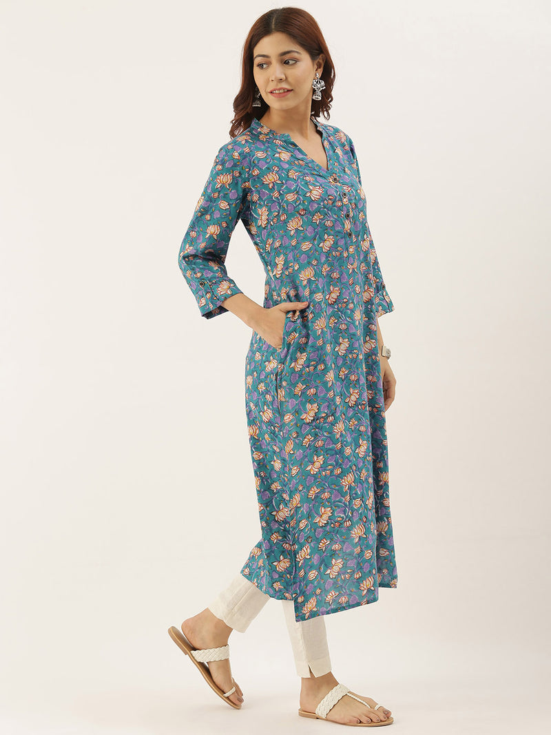 Turquoise Blue Printed A-Line Kurta