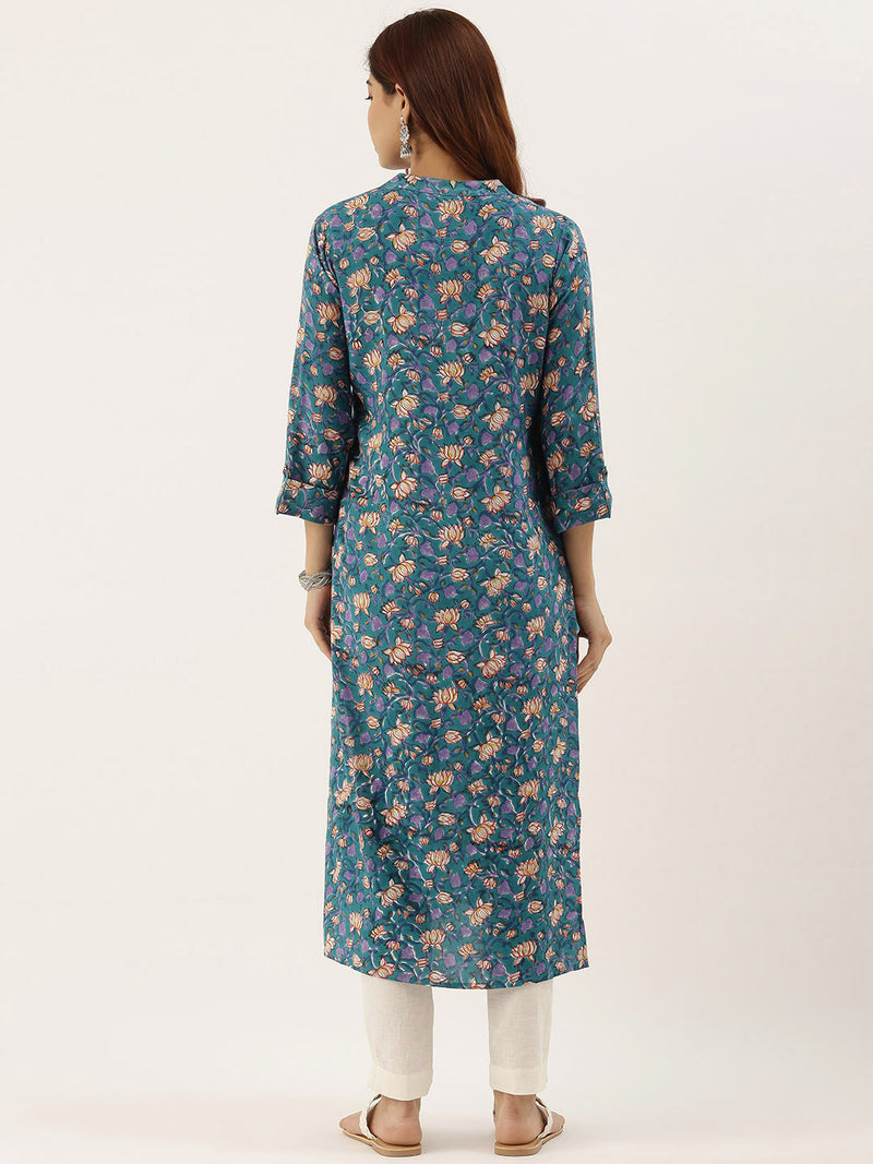 Turquoise Blue Printed A-Line Kurta