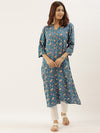 Turquoise Blue Printed A-Line Kurta