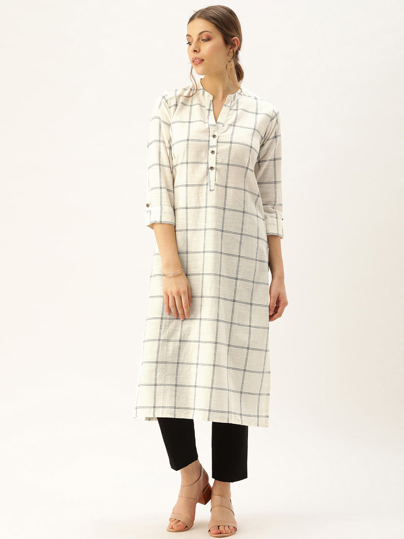 Off-White & Navy Blue Checked Straight Kurta