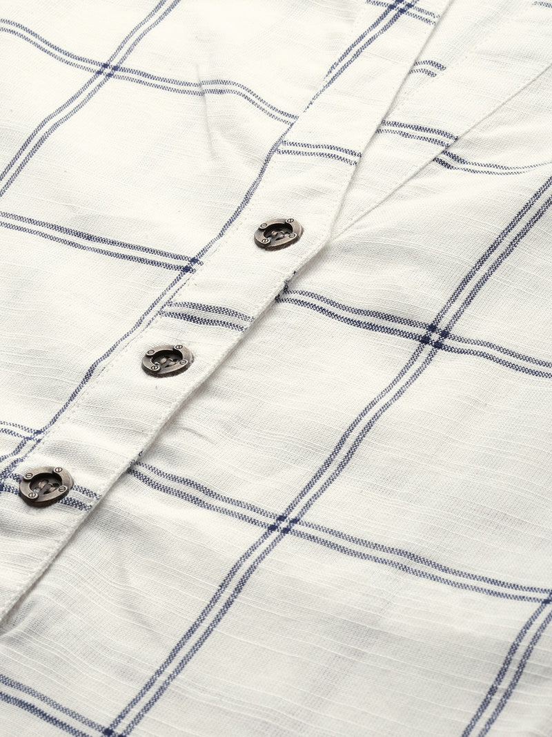 Off-White & Navy Blue Checked Straight Kurta