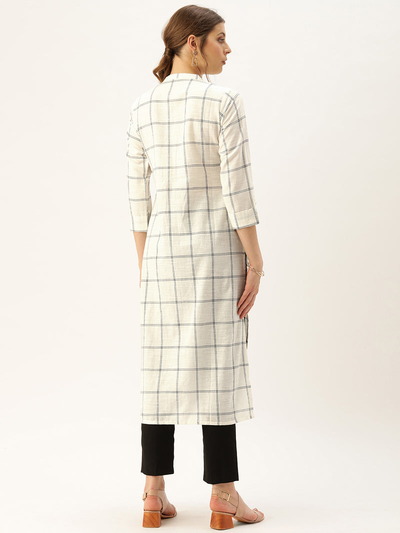 Off-White & Navy Blue Checked Straight Kurta
