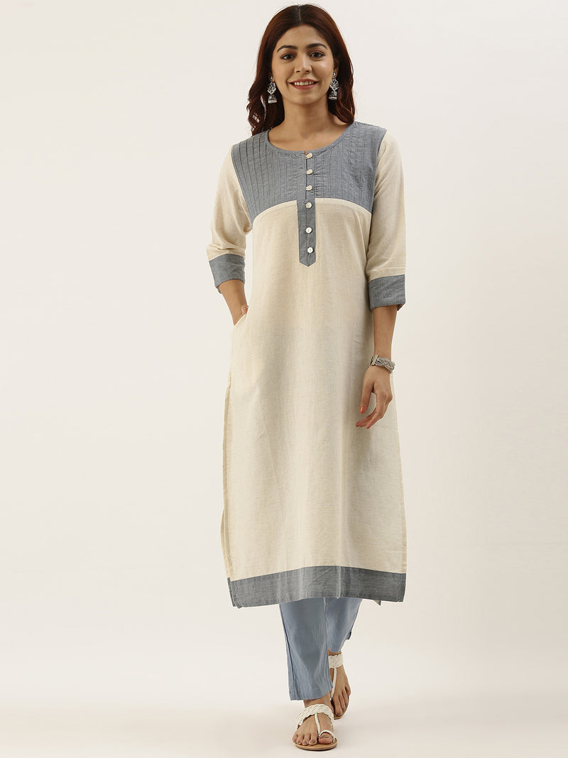 Off-White & Blue Colourblocked Straight Kurta