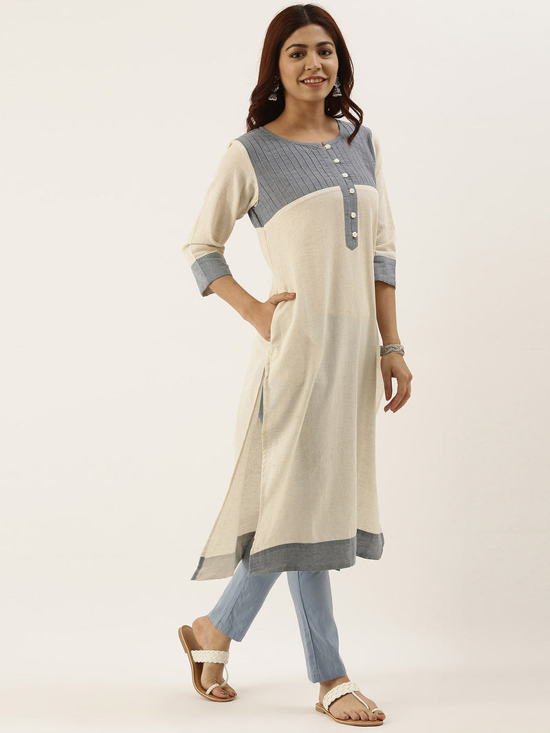 Off-White & Blue Colourblocked Straight Kurta