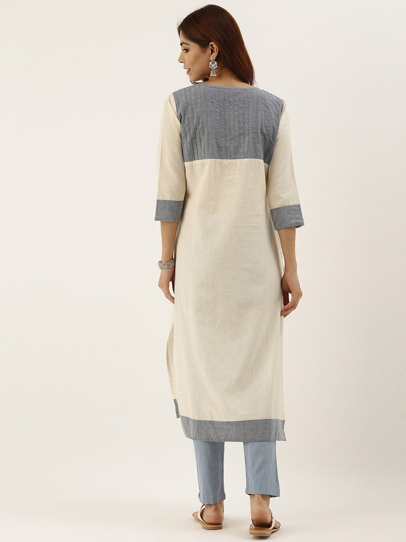 Off-White & Blue Colourblocked Straight Kurta