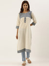 Off-White & Blue Colourblocked Straight Kurta