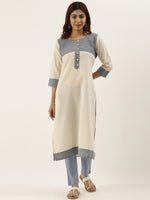 Off-White & Blue Colourblocked Straight Kurta