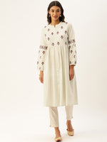 Off-White Embroidered Gathered A-Line Kurta