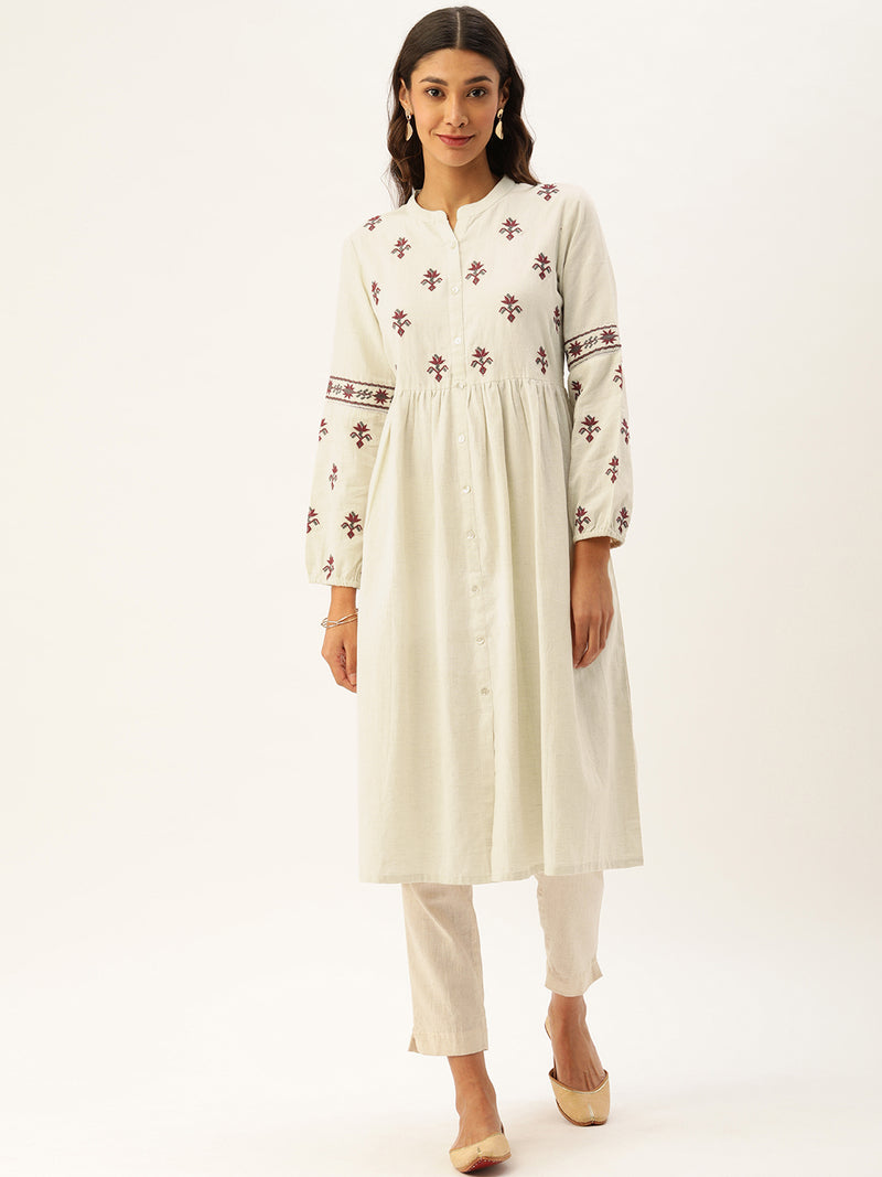 Off-White Embroidered Gathered A-Line Kurta
