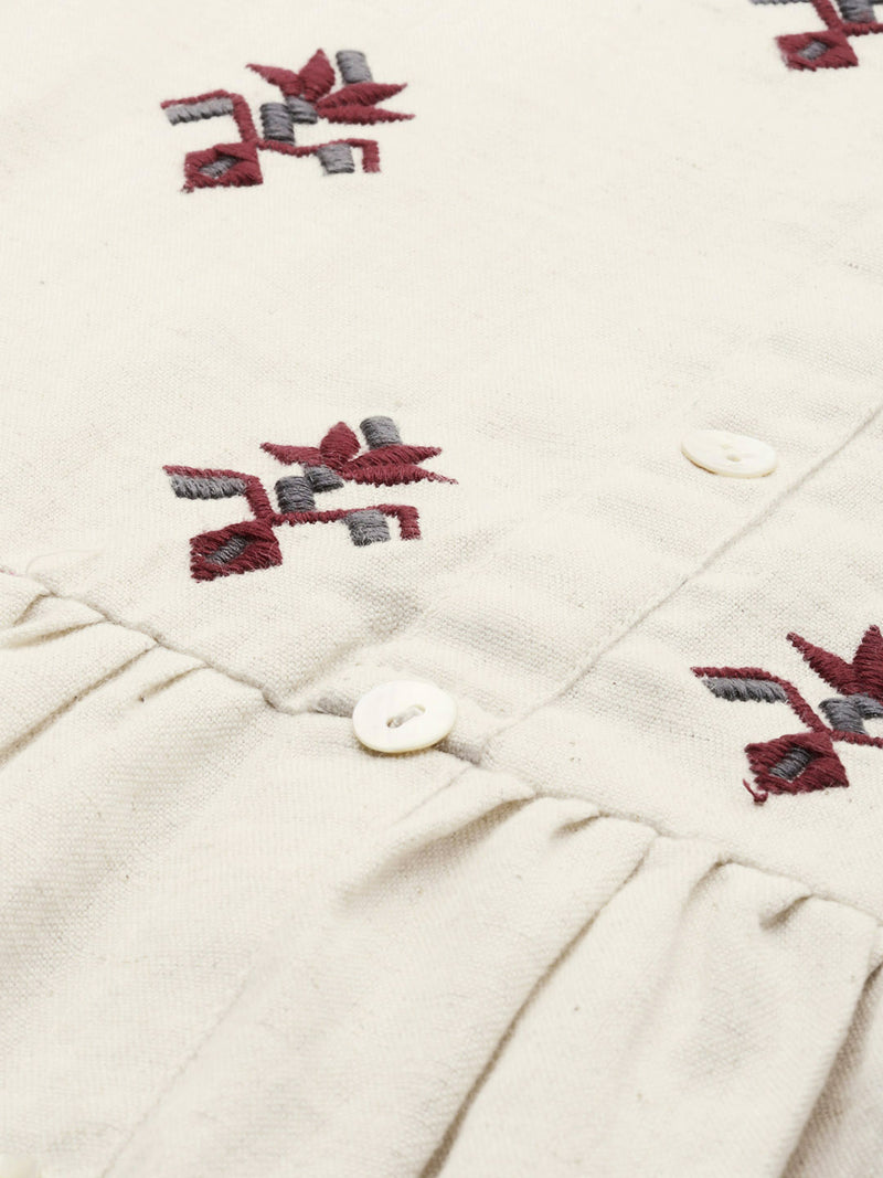 Off-White Embroidered Gathered A-Line Kurta