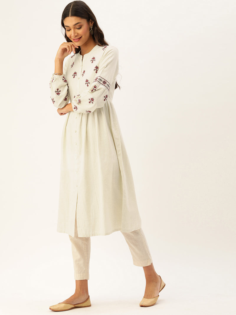 Off-White Embroidered Gathered A-Line Kurta