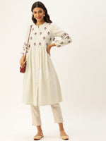 Off-White Embroidered Gathered A-Line Kurta