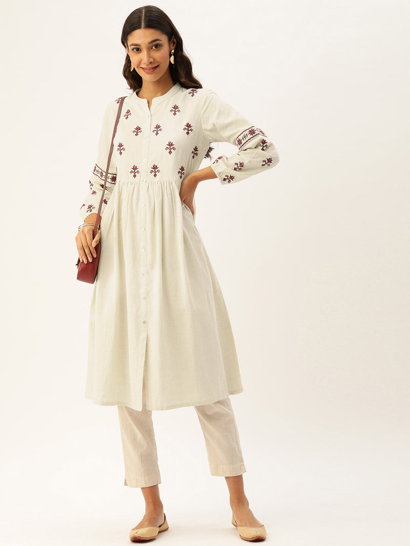 Off-White Embroidered Gathered A-Line Kurta