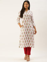 White & Green Ethnic Motifs Print Kurta