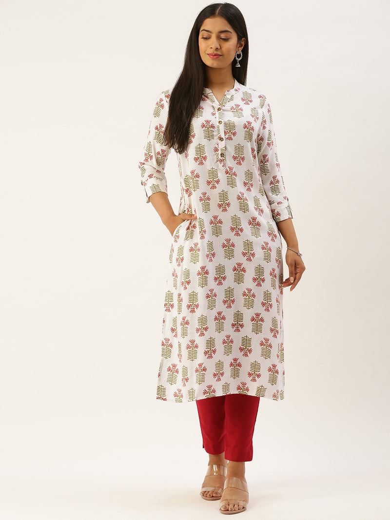 White & Green Ethnic Motifs Print Kurta