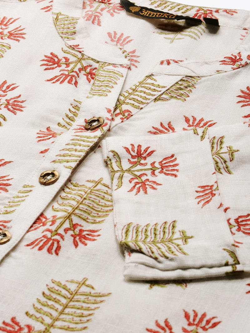 White & Green Ethnic Motifs Print Kurta