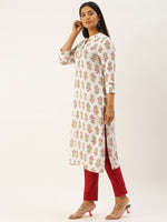 White & Green Ethnic Motifs Print Kurta