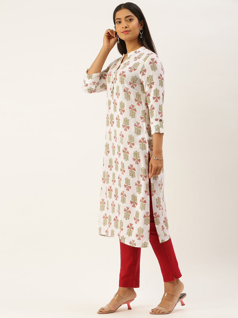 White & Green Ethnic Motifs Print Kurta