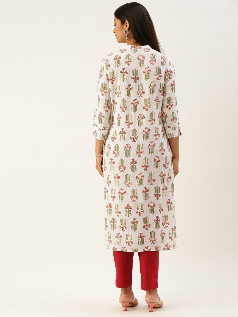 White & Green Ethnic Motifs Print Kurta