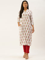 White & Green Ethnic Motifs Print Kurta