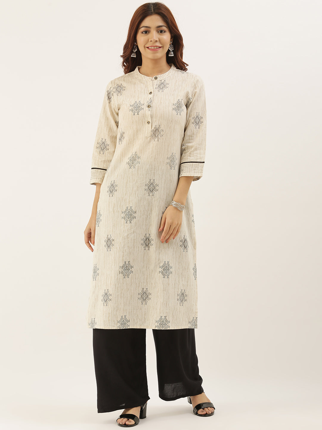Beige & Brown Printed Straight Kurta