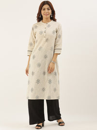 Beige & Brown Printed Straight Kurta