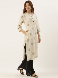 Beige & Brown Printed Straight Kurta